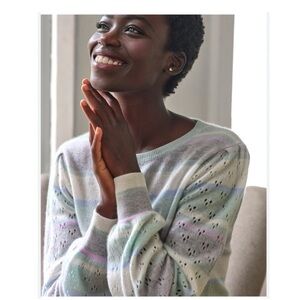 PURE COLLECTION NWT 100% Cashmere Stripe crew neck Pointelle Sweater Sz 4